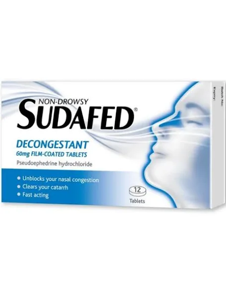 Sudafed Decongestant 60mg Pseudoephedrine Tablets 12 Pack